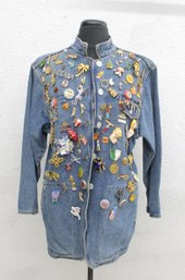 Kikit Denim Jean Jacket Covered In Vintage Enamel Pins  Eclectic Collectible Wearable Art