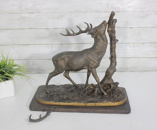 Bronze Stag Sculpture On Base  Roaring Deer Figure With Tree Motif, Rustic Wildlife Decor, 16'H X 16.5'W