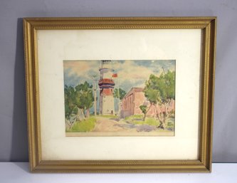 Signed Watercolor Lighthouse Painting  16H X 19W, Framed Coastal Scene By Noah Freidger