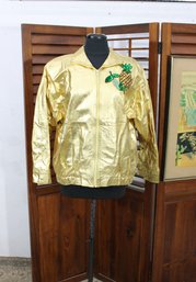 Vintage Gold Metallic Bomber Jacket W/ Embroidered Pineapple & Floral Motif  Size M