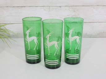 Vintage MCM Green Gazelle Antelope Barware Glasses Set Of 3 Highball 6.5'
