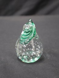 VTG ACC  Clear With Green Leaf Controlled Bubbles Heavy Glass Pear Paperweight
