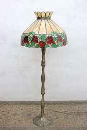 Tiffany -Style  Floor Lamp  Floral Shade  56.5' Tall  Ornate Antique Brass Base