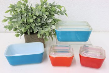 Vintage Pyrex Oven Refrigerator Boxes Group Lot: 2 Red No. 501 And 2 Blue No. 503 (1 Clear Top Missing)