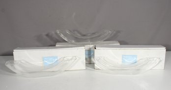 Set Of 3 Clear Glass Bent Vases  14' Wide Modern Sculptural Vessels  New In Box