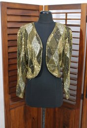 Vintage Gold & Black Sequin Evening Jacket / Bolero  Diamond Pattern  Size L
