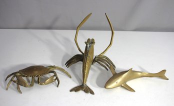 Trio Of Vintage Brass Marine Figurines  Shark, Crab, And Lobster