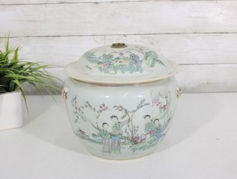 Vintage Chinese Porcelain Lidded Bowl / Tureen  Hand Painted Figures & Calligraphy  8'