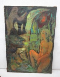 Vintage Oil Painting On Canvas - Abstract Nude In Forest Scene