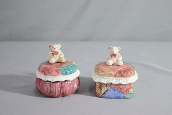 Two Vintage Fitz & Floyd Patchwork Ruffled Edge Teddy Bear Lidded Trinket Boxes
