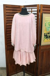 Vintage Blush Pink Chiffon Dress W/ Beaded Trim & Tiered Skirt  Size M/L