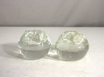 Vintage Hand-Blown Clear Glass Candle Holders  Organic Sculptural Design (3 H)