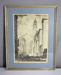 Framed T.F. Simon Etching 'Broadway And The Woolworth Building' New York
