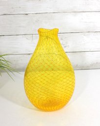 Vintage Murano Yellow Art Glass Vase  Hand Blown Latticino Canes  9.5' Tall