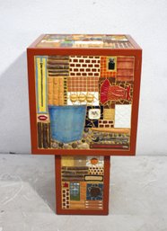 Whimsical Mosaic Memory Cube Sculpture  28' Mixed Media Assemblage Table Art
