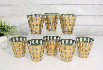 Set Of 8 Vintage Culver Pisa Gold & Green Lowball Glasses  Signed  4' Barware