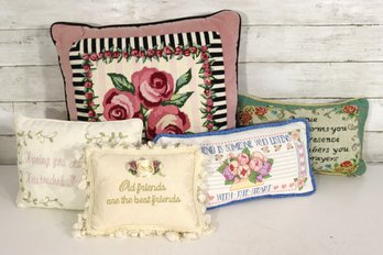 Group Lot Of Vintage Decorative Needlepoint & Embroidered Throw Pillows  Floral & Friendship Designs