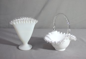 Vintage Fenton White Milk Silvercrest Fan Vase And Ruffle Basket