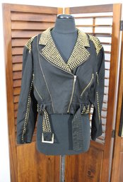 Vintage Black Studded Moto Jacket W/ Belt & Zipper Details  Size S/M  Project Piece