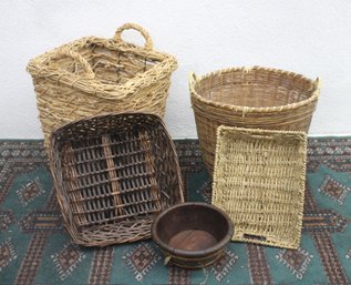 Rustic Basket & Wooden Bowl Lot  Vintage Handwoven & Wicker Collection