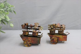 Pair Of Vintage Metal Wall Sculpture-Flower Carts  - Made In Hong Kong