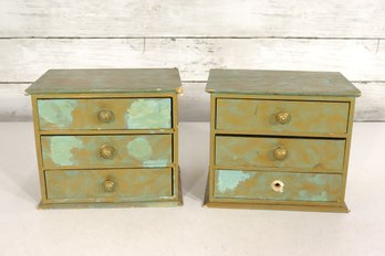Pair Of Vintage Metal 3-Drawer Mini Chests  Distressed Patina Finish  One Missing Knob  6' X 7' X 5.5'