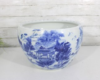 Large Blue & White Chinese Style Porcelain Jardiniere / Planter  Scenic Landscape  10' H X 14.5' Round