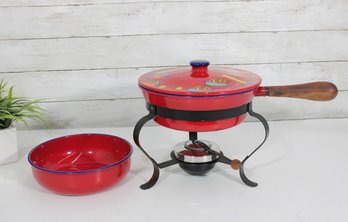 Vintage Peter Max Enamel Fondue Pot Set 9.5' Psychedelic MCM Double Boiler W Stand