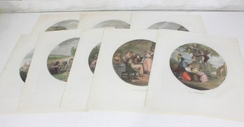 Antique Hand-Colored Aquatints The Months  Set Of 9 Oval Genre Scene Prints