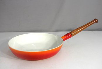 Vintage Descoware Belgium 11 Enamel Cast Iron Skillet  Flame Orange With Wooden Handle