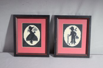 Two Framed Vintage Black & White Needlepoint Silhouettes