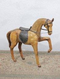 Carved Wooden Horse Sculpture With Leather Saddle  26' Tall  Equestrian Decor Figure