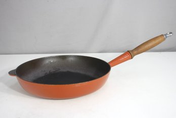 Vintage Cousances France 11 Enameled Cast Iron Skillet  Flame Orange With Wooden Handle