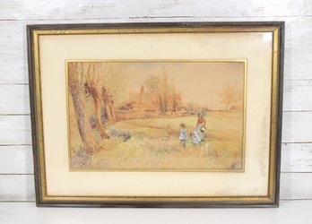 Signed Framed Pastoral Landscape Print / Painting  Children & Village Scene  20' X 26.5'