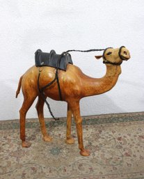 Carved Wooden Camel Sculpture With Leather Saddle  25' Tall  Equestrian / Global Decor Figure