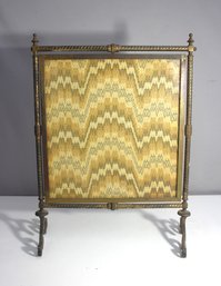 Antique Brass And Fabric Folding Fire Screen With Ornate Design
