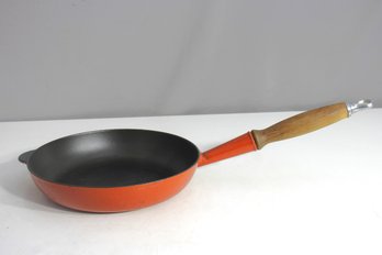 Vintage Cousances France 9.5 Enameled Cast Iron Skillet  Flame Orange With Wooden Handle