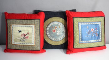 Vintage Oriental Embroidered Cushion Set - Exquisite Floral Motifs With Vibrant Red Borders