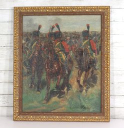 Antique Military Battle Scene Oil Painting On Canvas  Ornate Gilt Frame  31.5' X 26.5' (Damage To Canvas)