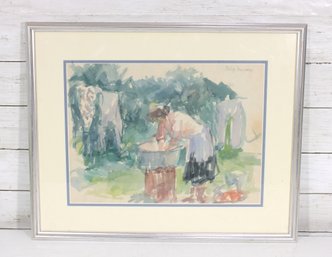 Signed Framed Watercolor Painting  Woman Hanging Laundry Outdoor Scene  16.5' X 20'