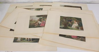 Collection Antique Hand-Colored Genre Scene Prints  Romantic & Pastoral Figural Engravings (Lot)