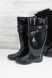 #1-Black Coach Glossy Knee-High Rain Boots W/ Strap & Gold-Tone Hardware  Size 7