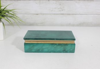 Neiman Marcus Italian Alabaster Trinket Box  Emerald Green Stone W/ Brass Trim  7'