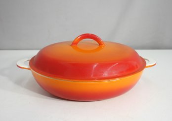 Vintage Descoware Belgium 12 Round Enameled Cast Iron Covered Casserole  Flame Orange