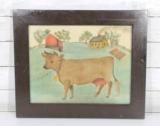 Signed Folk Art Style Cow Farm Painting  Framed Rural Landscape  14.5' X 17.5'