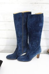 Blue Suede Knee-High Heeled Boots W/ Side Zip  Size 7.5