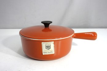 Vintage Cousances France 9 Enameled Cast Iron Saucepan With Lid  Flame Orange