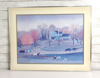 Framed Country Farm Scene Print  Signed (Artist Unknown, Hidden By Frame)  Pastoral Landscape