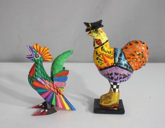 Toms Drag Rooster Figurine & Oaxacan Alebrije Rooster By Zeny Fuentes  Colorful Folk Art Pair