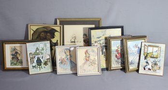 Group Lot Of 10 Vintage Framed Color Pictures &  Ephemera